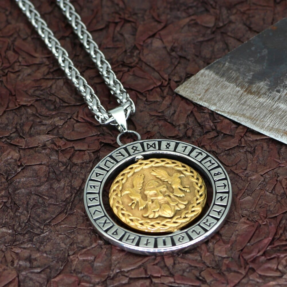 Collier visage d'Odin accompagné de ses 2 corbeaux-HERITAGE VIKING