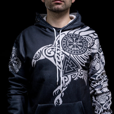 Hoodie Viking "Corbeau Majestueux - Symboles Sacrés d'Odin"-HERITAGE VIKING