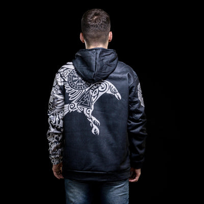Hoodie Viking "Corbeau Majestueux - Symboles Sacrés d'Odin"-HERITAGE VIKING