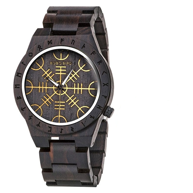 Montre en Bois Foncé Aegishjalmur – Acier Inoxydable